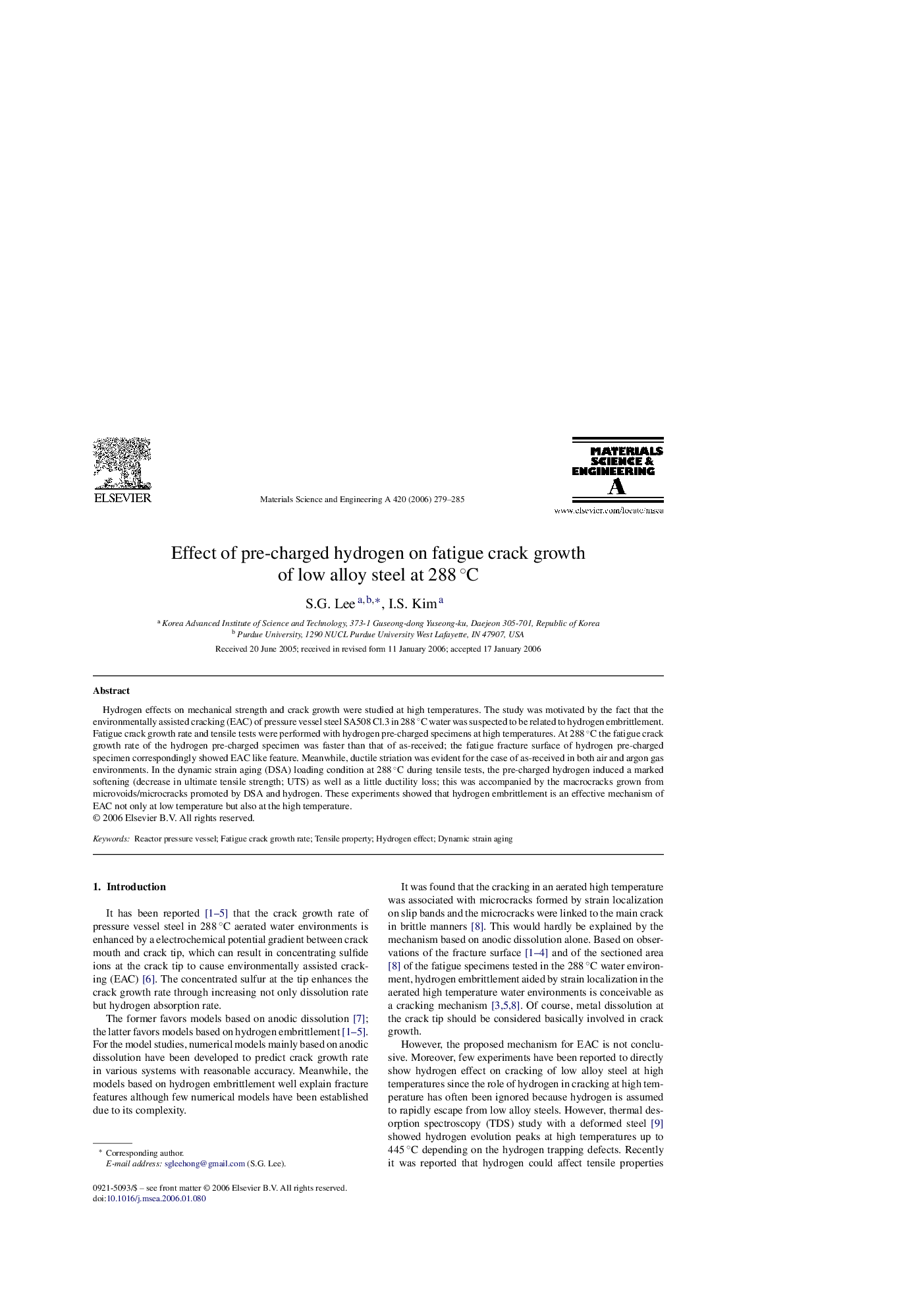 Effect of pre-charged hydrogen on fatigue crack growth of low alloy steel at 288 °C