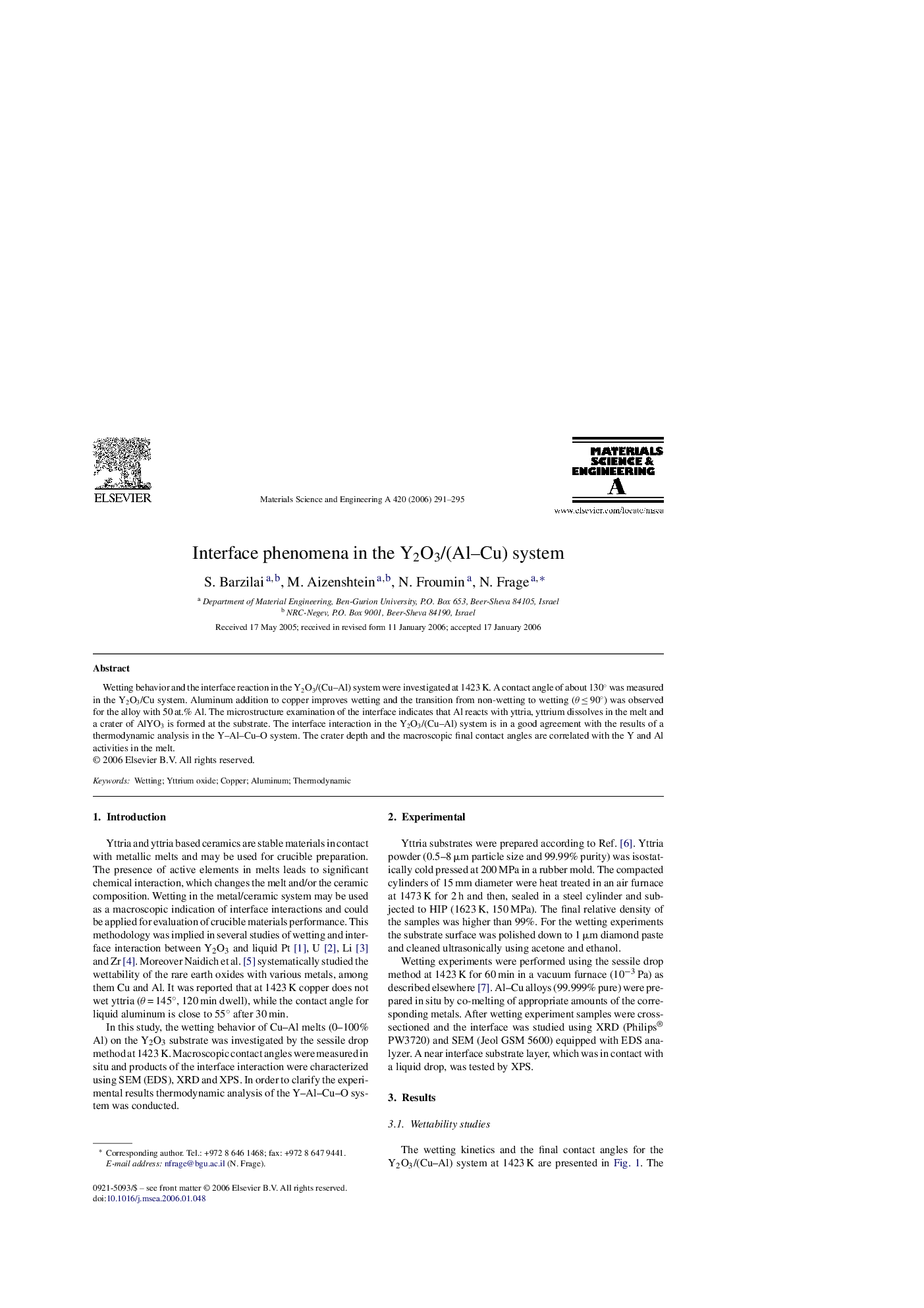 Interface phenomena in the Y2O3/(Al–Cu) system