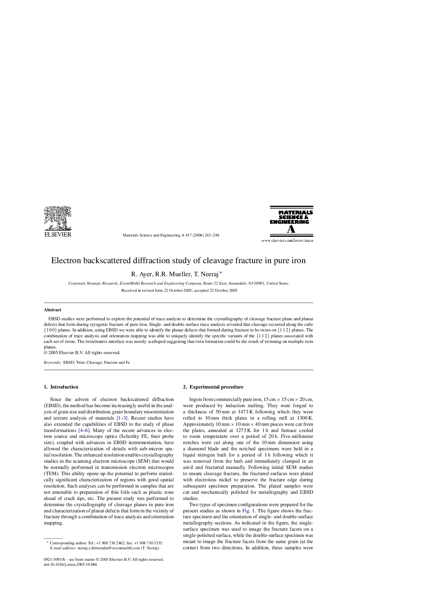 Electron backscattered diffraction study of cleavage fracture in pure iron