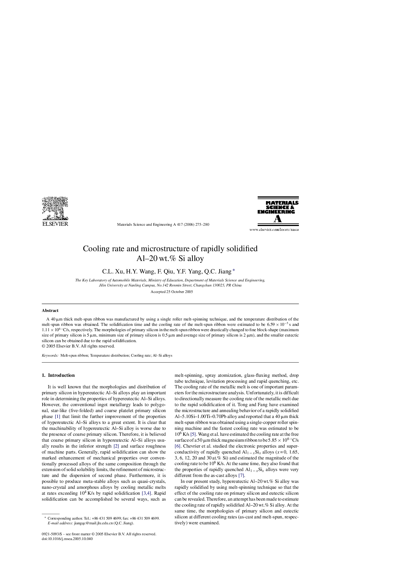 Cooling rate and microstructure of rapidly solidified Al–20 wt.% Si alloy