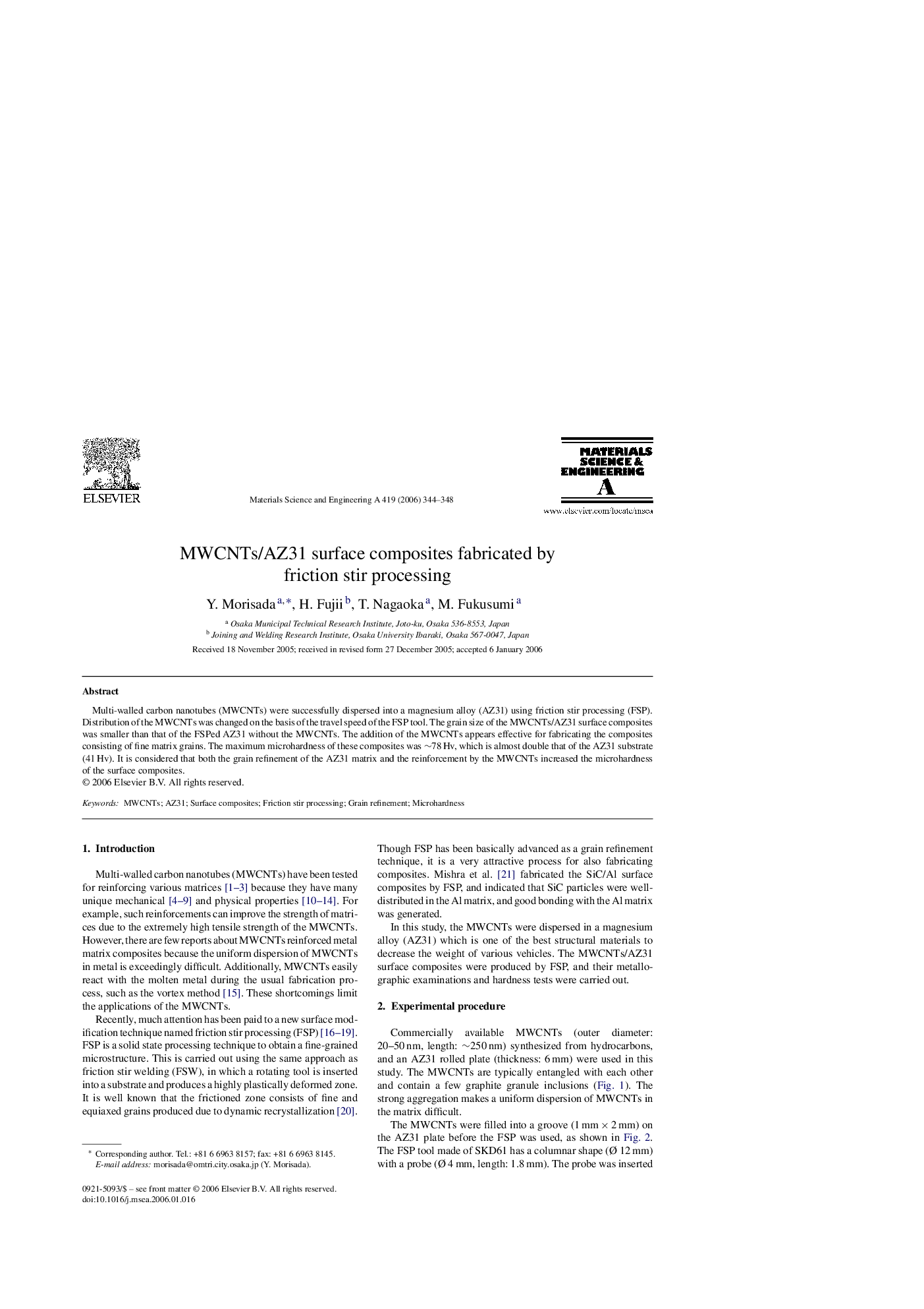 MWCNTs/AZ31 surface composites fabricated by friction stir processing