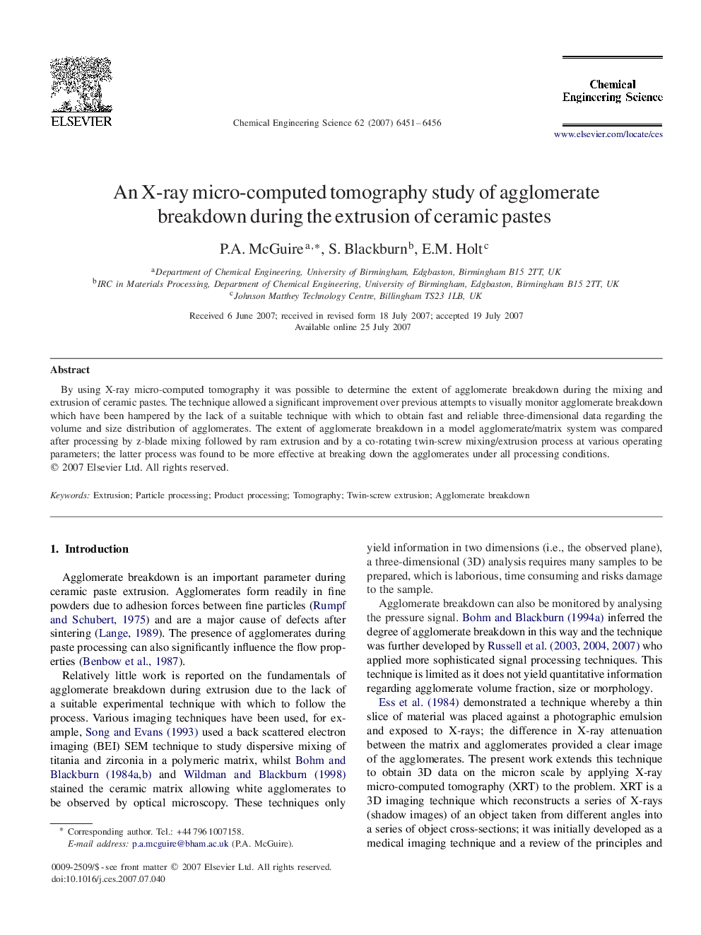 An X-ray micro-computed tomography study of agglomerate breakdown during the extrusion of ceramic pastes