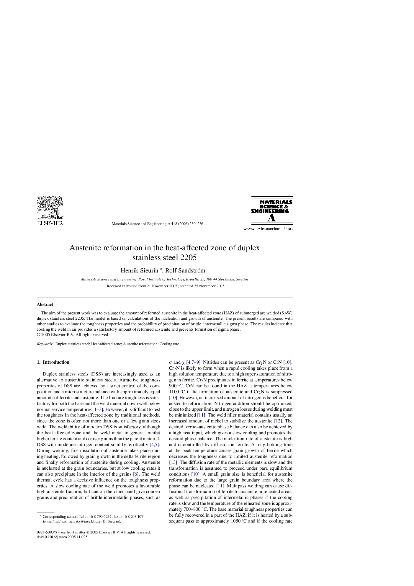 Austenite reformation in the heat-affected zone of duplex stainless steel 2205