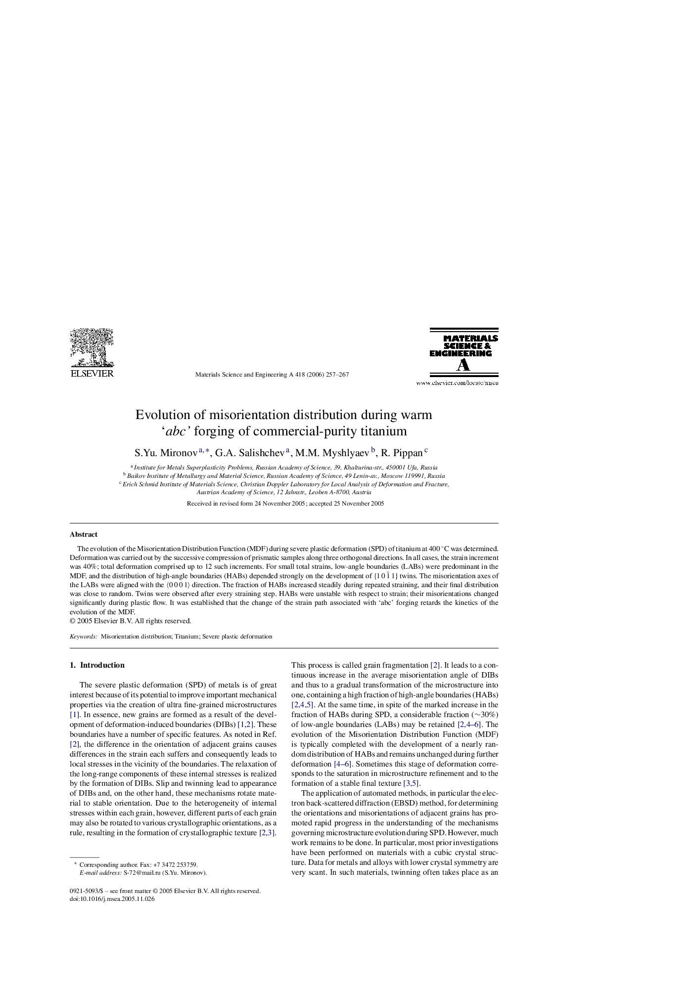 Evolution of misorientation distribution during warm ‘abc’ forging of commercial-purity titanium