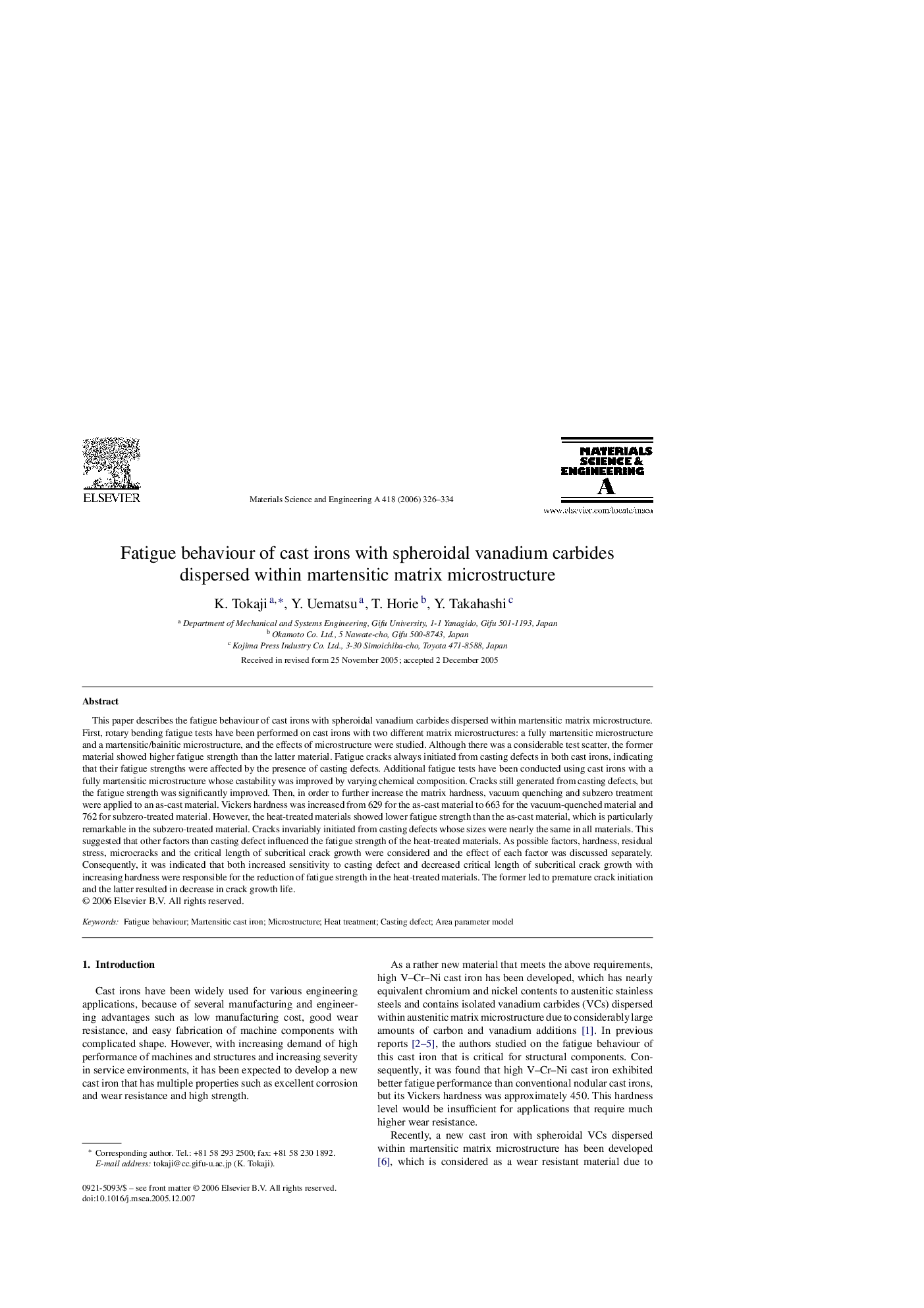 Fatigue behaviour of cast irons with spheroidal vanadium carbides dispersed within martensitic matrix microstructure