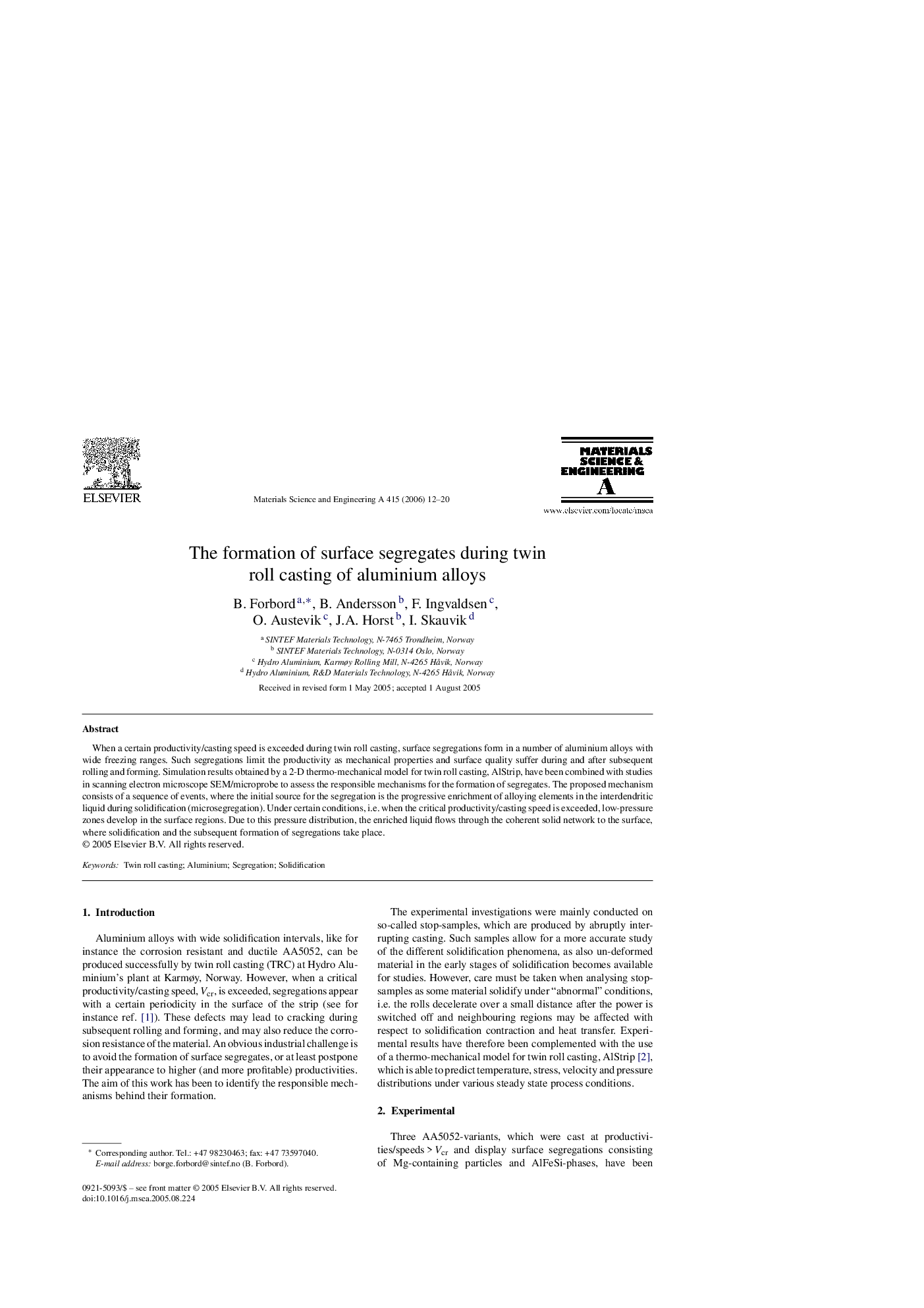 The formation of surface segregates during twin roll casting of aluminium alloys