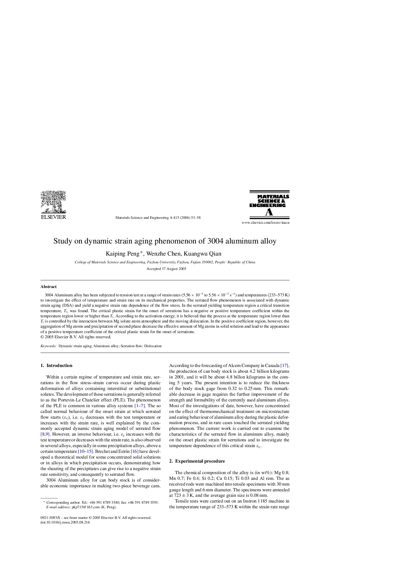 Study on dynamic strain aging phenomenon of 3004 aluminum alloy