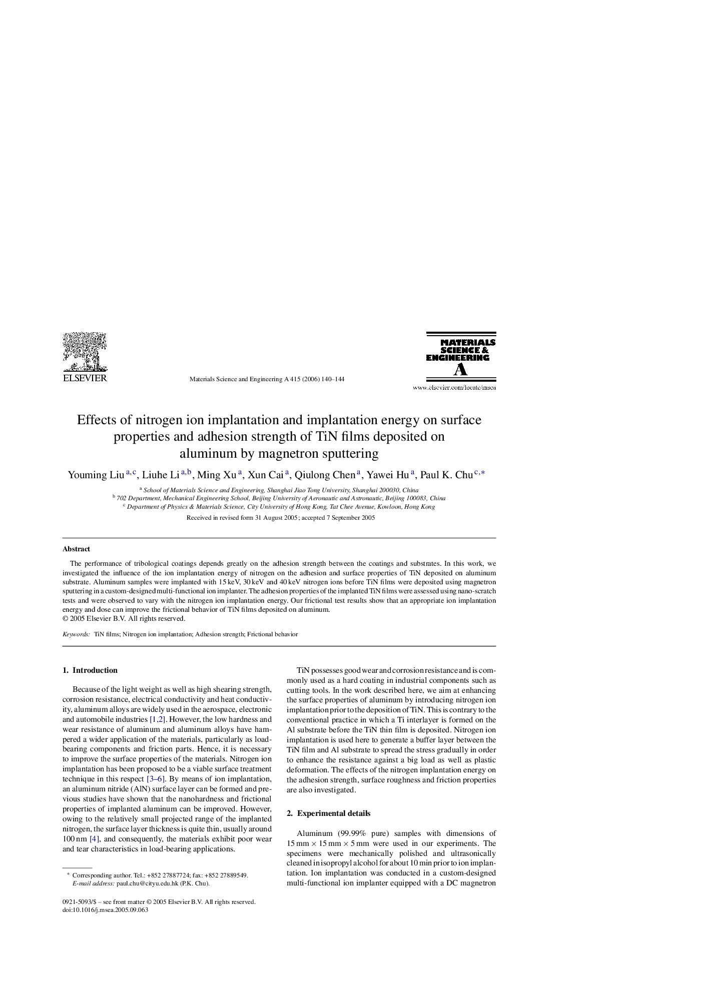 Effects of nitrogen ion implantation and implantation energy on surface properties and adhesion strength of TiN films deposited on aluminum by magnetron sputtering