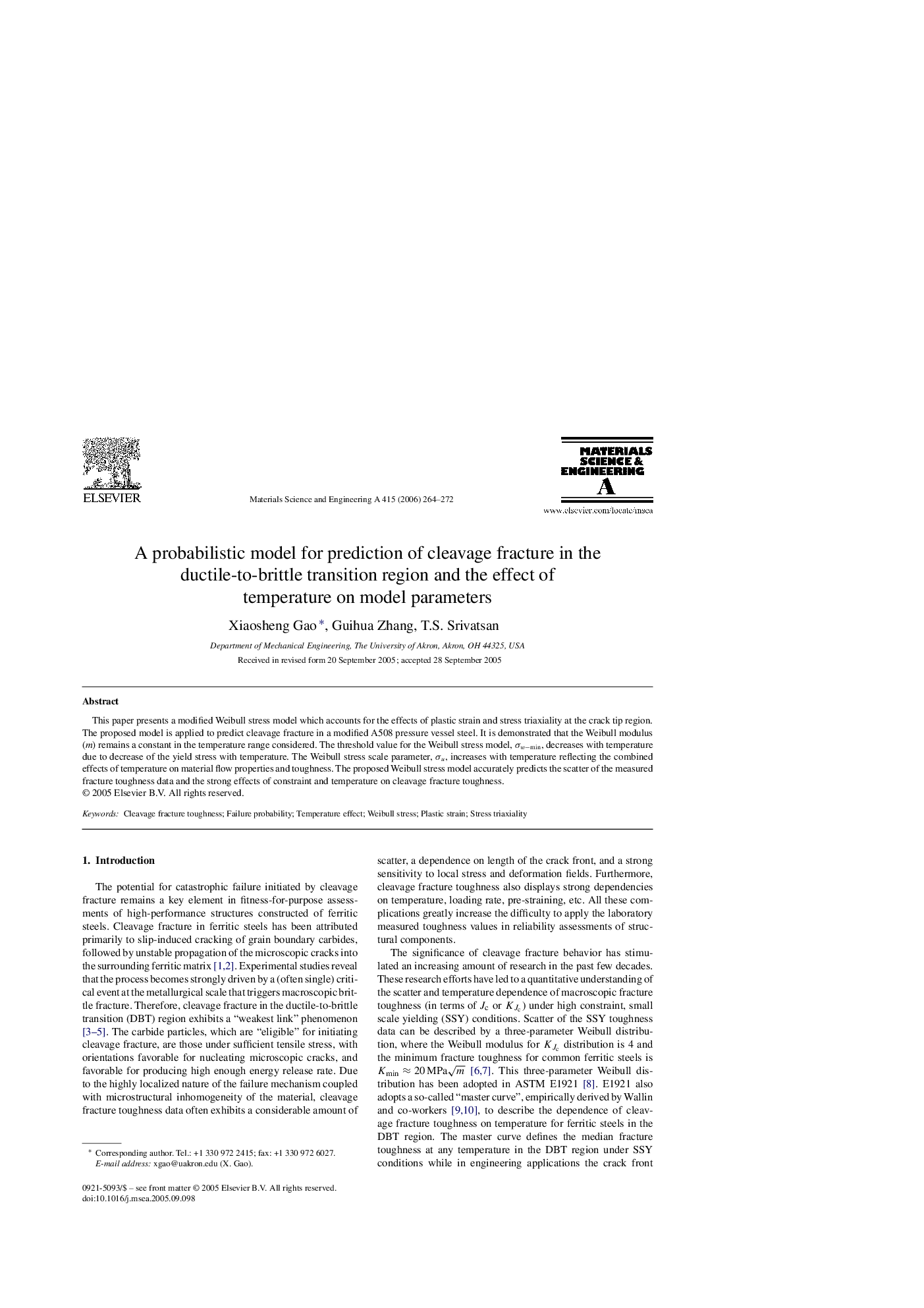 A probabilistic model for prediction of cleavage fracture in the ductile-to-brittle transition region and the effect of temperature on model parameters