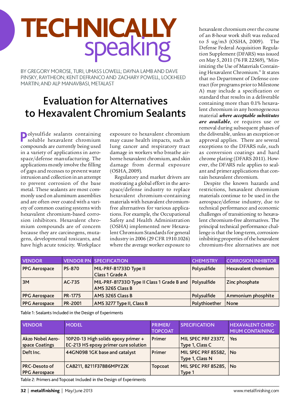 Evaluation for Alternatives to Hexavalent Chromium Sealants