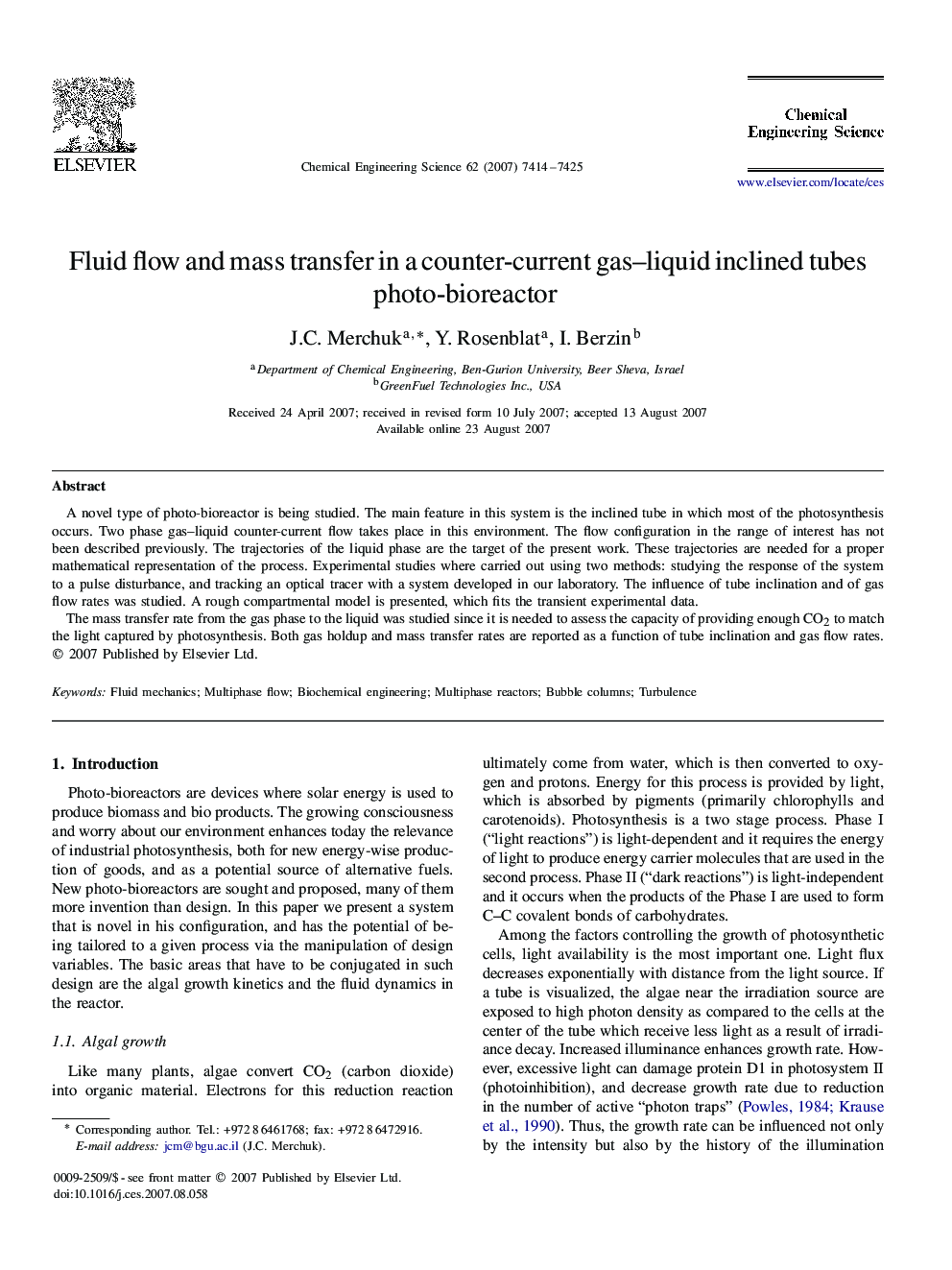 Fluid flow and mass transfer in a counter-current gas–liquid inclined tubes photo-bioreactor