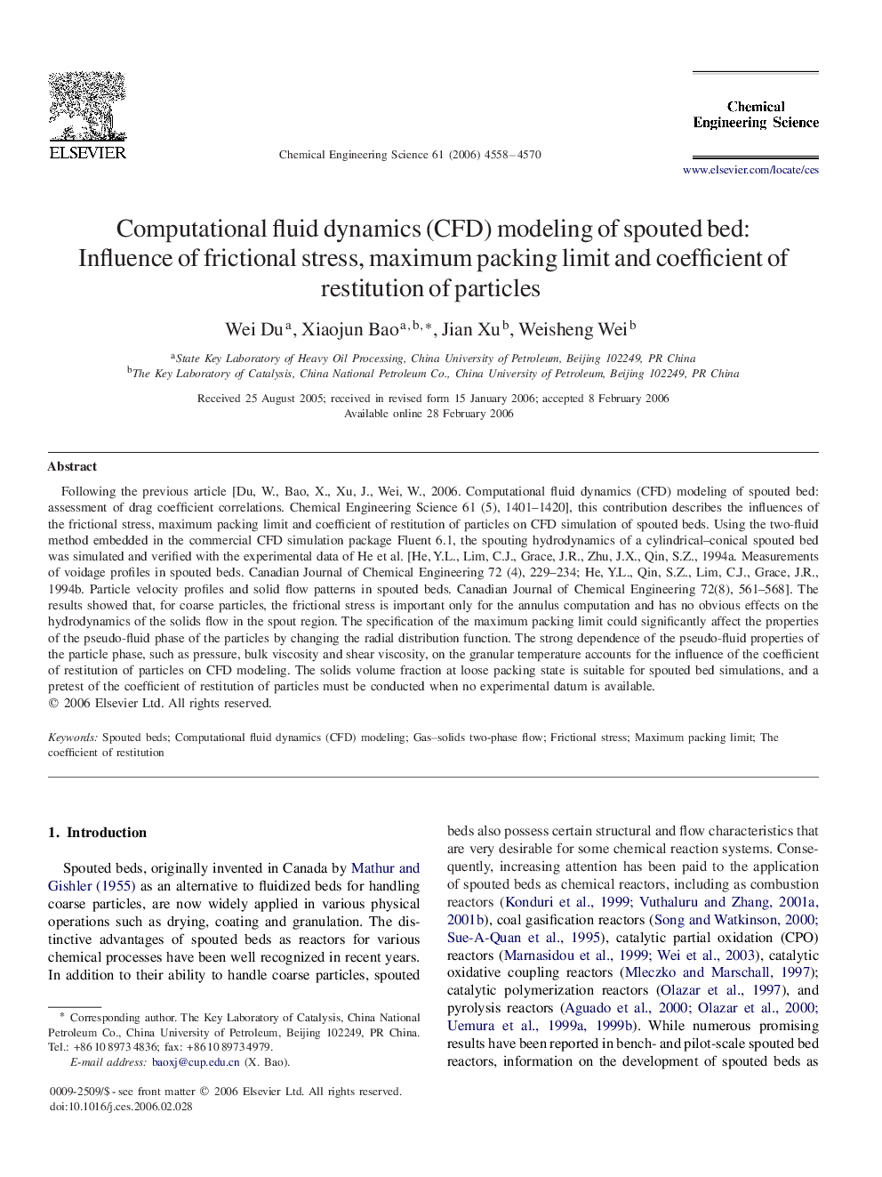 Computational fluid dynamics (CFD) modeling of spouted bed: Influence of frictional stress, maximum packing limit and coefficient of restitution of particles