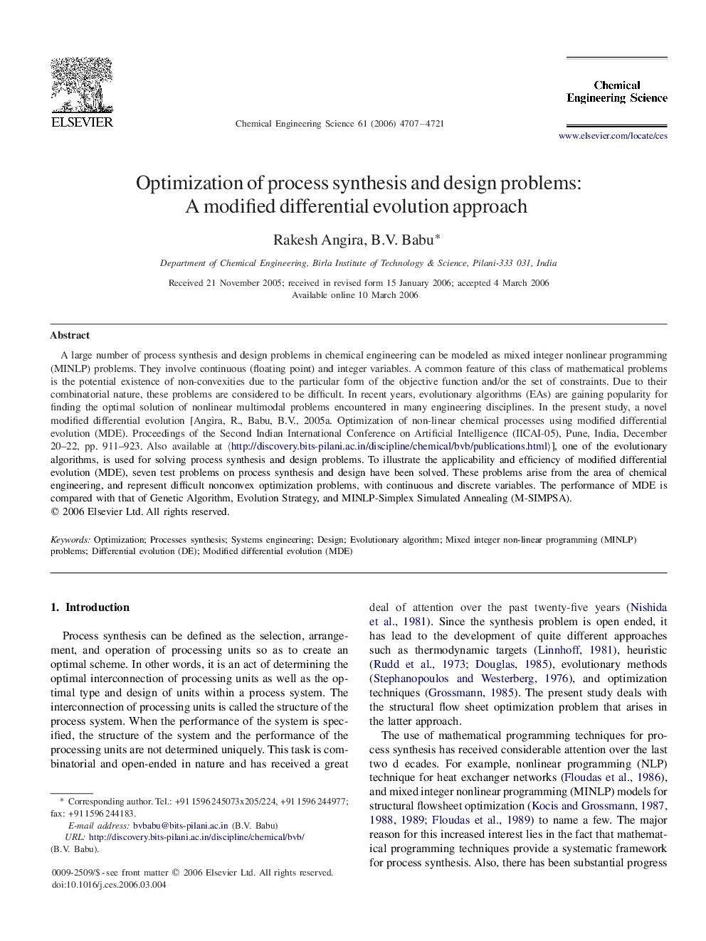 Optimization of process synthesis and design problems: A modified differential evolution approach