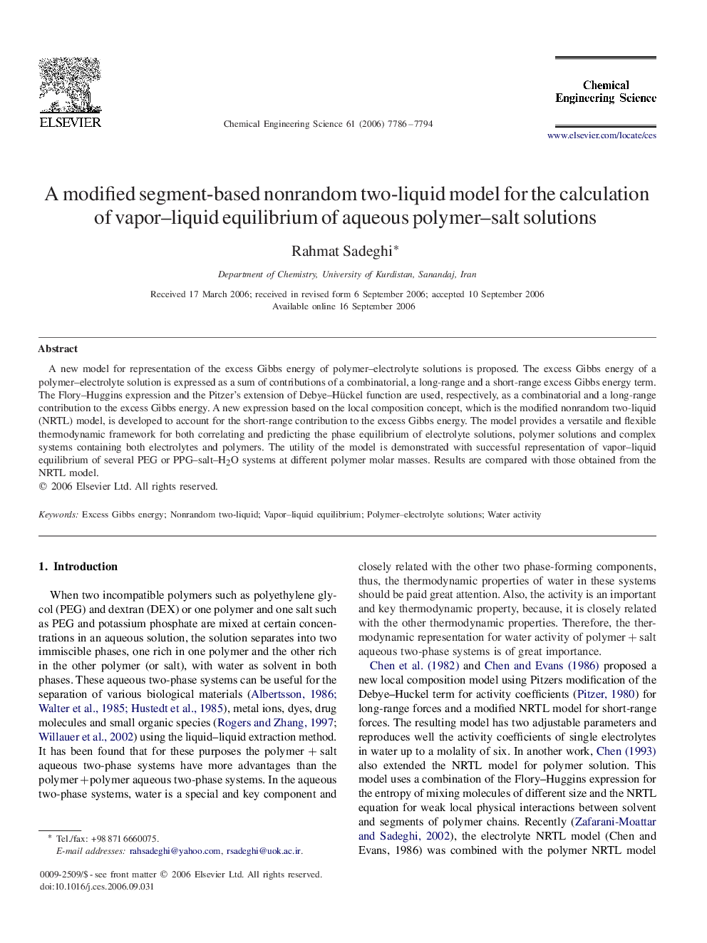 A modified segment-based nonrandom two-liquid model for the calculation of vapor–liquid equilibrium of aqueous polymer–salt solutions