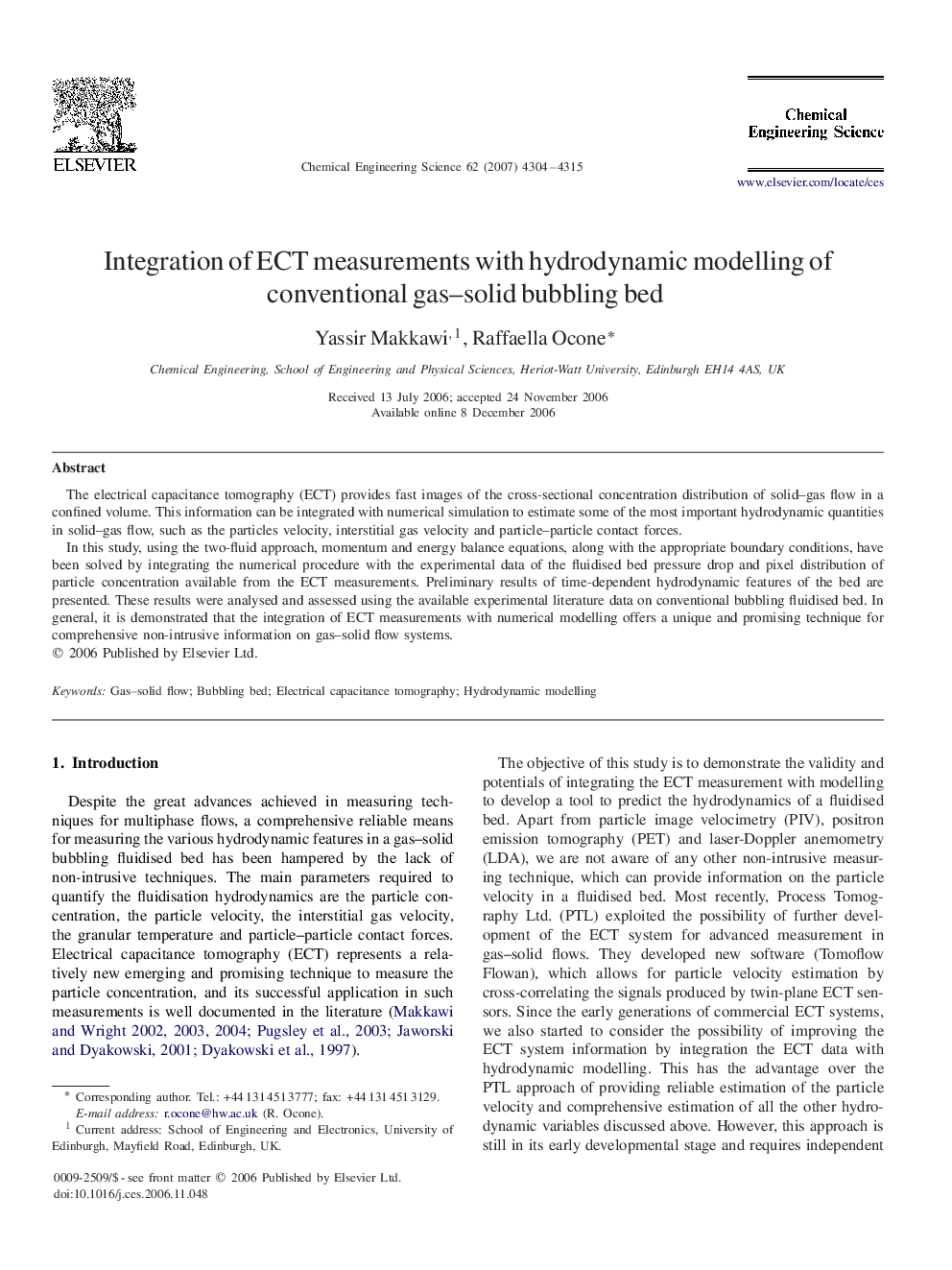 Integration of ECT measurements with hydrodynamic modelling of conventional gas–solid bubbling bed