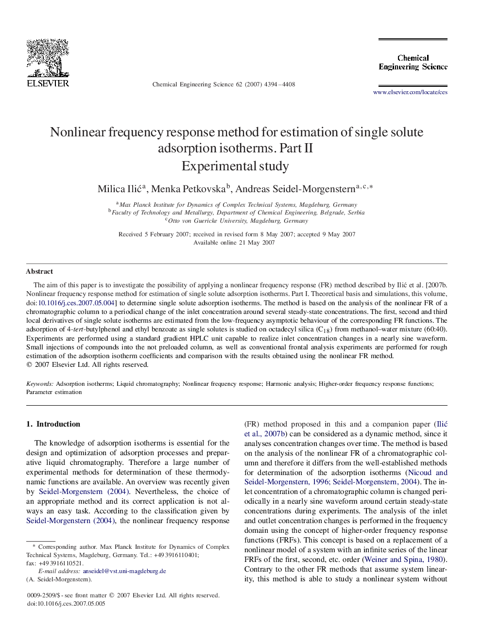 Nonlinear frequency response method for estimation of single solute adsorption isotherms. Part II