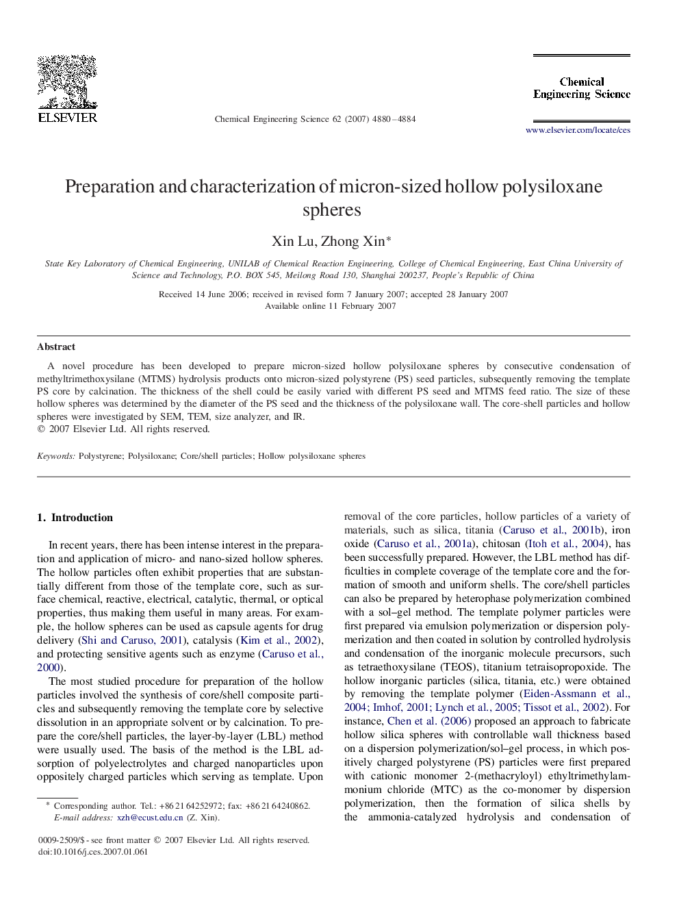 عکس صفحه اول مقاله: Preparation and characterization of micron-sized hollow polysiloxane spheres Preparation and characterization of micron-sized hollow polysiloxane spheres