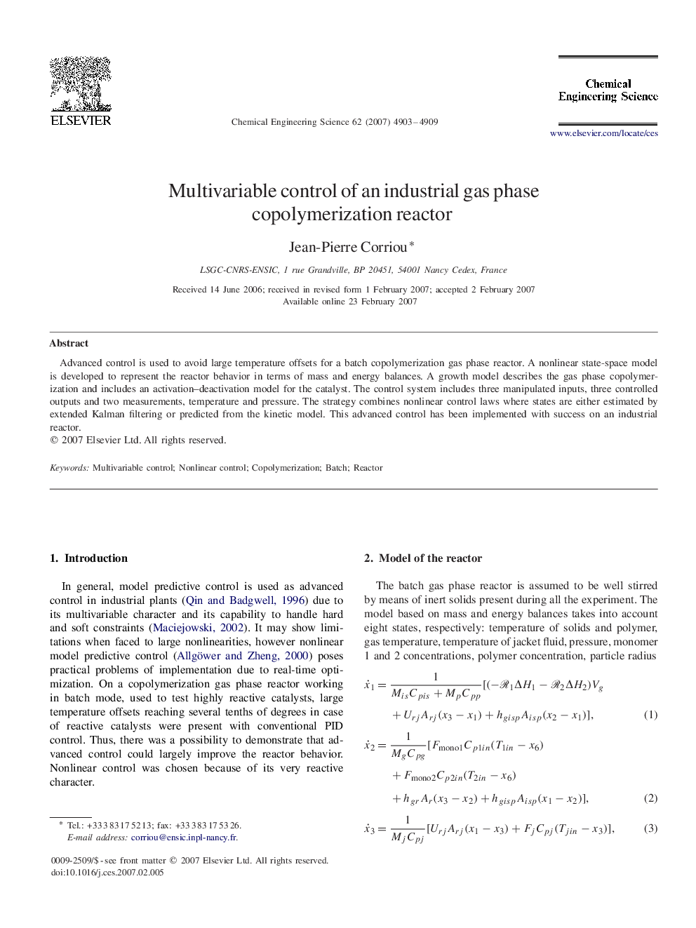 Multivariable control of an industrial gas phase copolymerization reactor