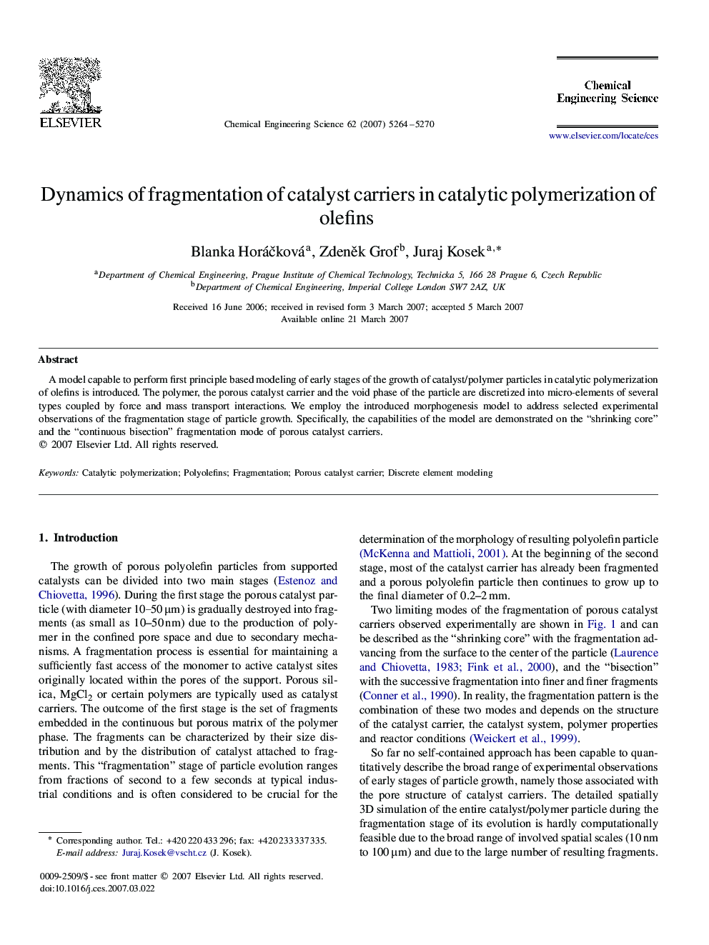 Dynamics of fragmentation of catalyst carriers in catalytic polymerization of olefins