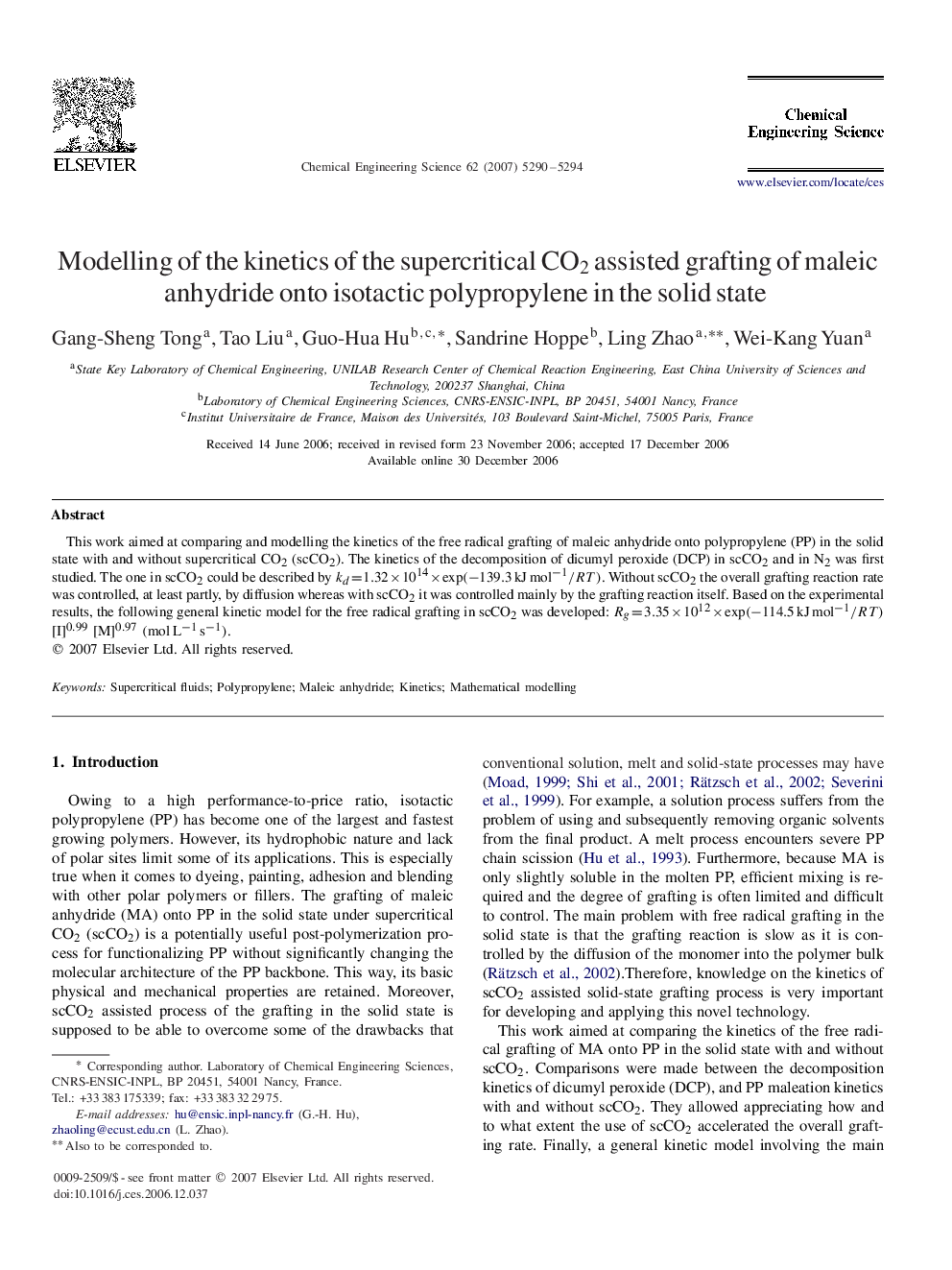 Modelling of the kinetics of the supercritical CO2 assisted grafting of maleic anhydride onto isotactic polypropylene in the solid state