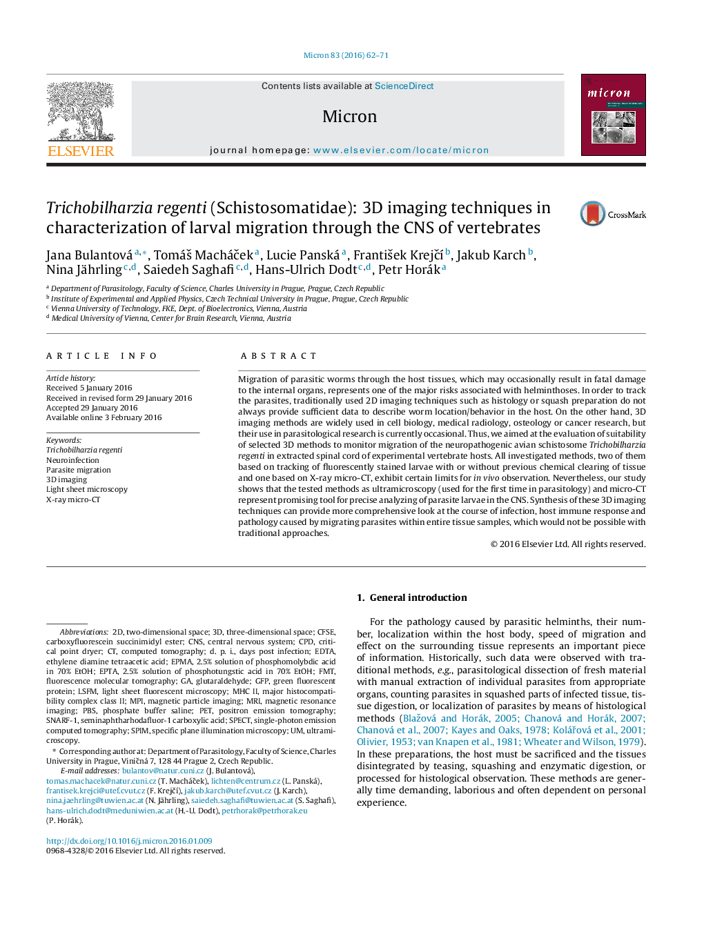 Trichobilharzia regenti (Schistosomatidae): 3D imaging techniques in characterization of larval migration through the CNS of vertebrates