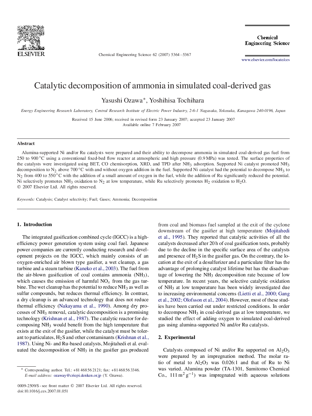 Catalytic decomposition of ammonia in simulated coal-derived gas