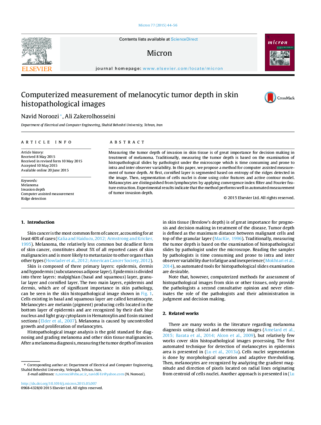 Computerized measurement of melanocytic tumor depth in skin histopathological images