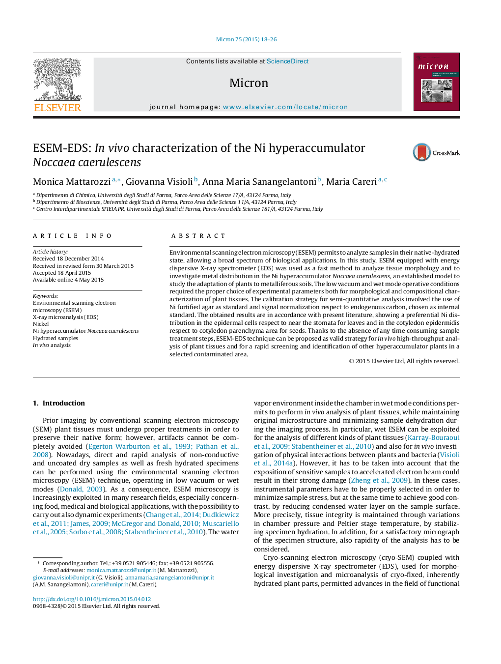 ESEM-EDS: In vivo characterization of the Ni hyperaccumulator Noccaea caerulescens