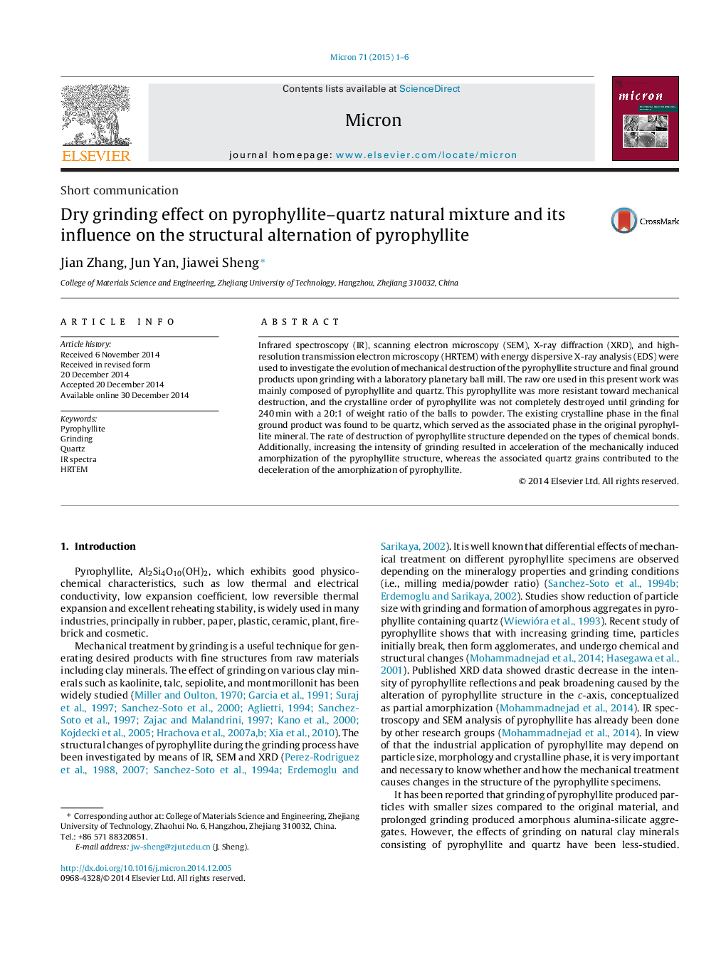 Dry grinding effect on pyrophyllite-quartz natural mixture and its influence on the structural alternation of pyrophyllite