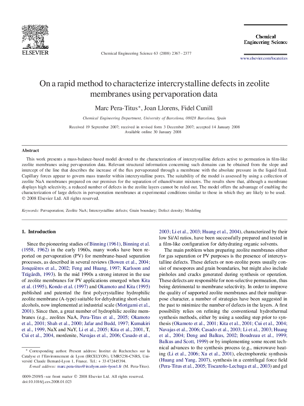 On a rapid method to characterize intercrystalline defects in zeolite membranes using pervaporation data