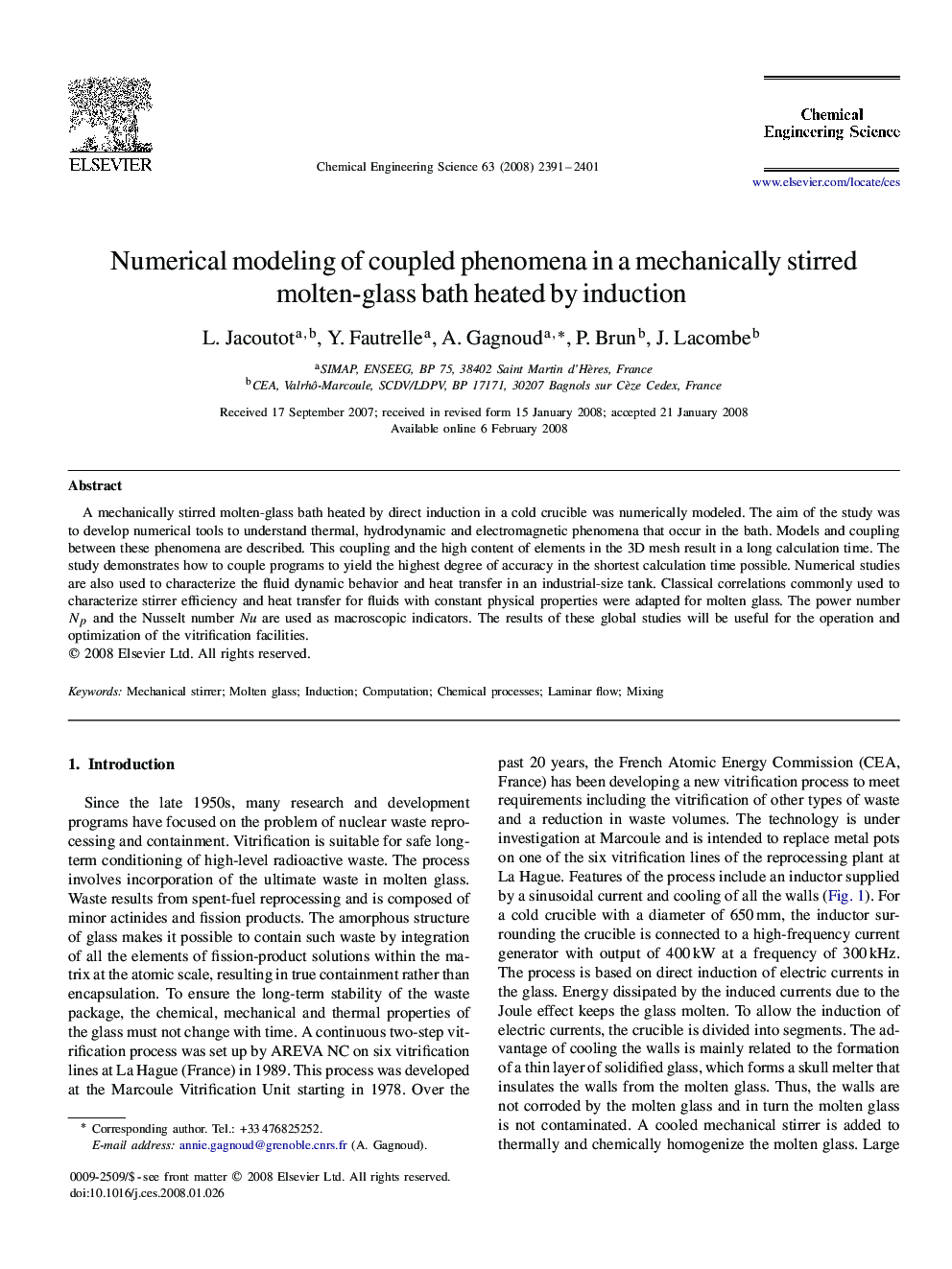 Numerical modeling of coupled phenomena in a mechanically stirred molten-glass bath heated by induction