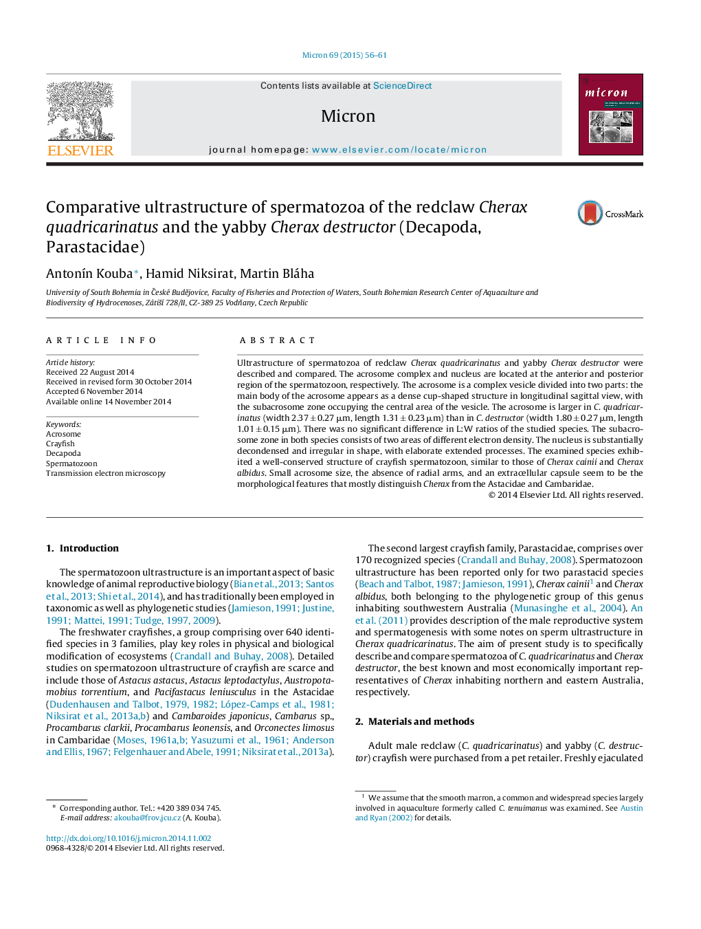 Comparative ultrastructure of spermatozoa of the redclaw Cherax quadricarinatus and the yabby Cherax destructor (Decapoda, Parastacidae)