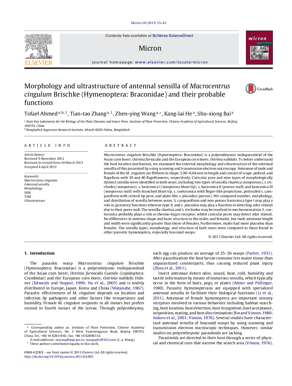 Morphology and ultrastructure of antennal sensilla of Macrocentrus cingulum Brischke (Hymenoptera: Braconidae) and their probable functions