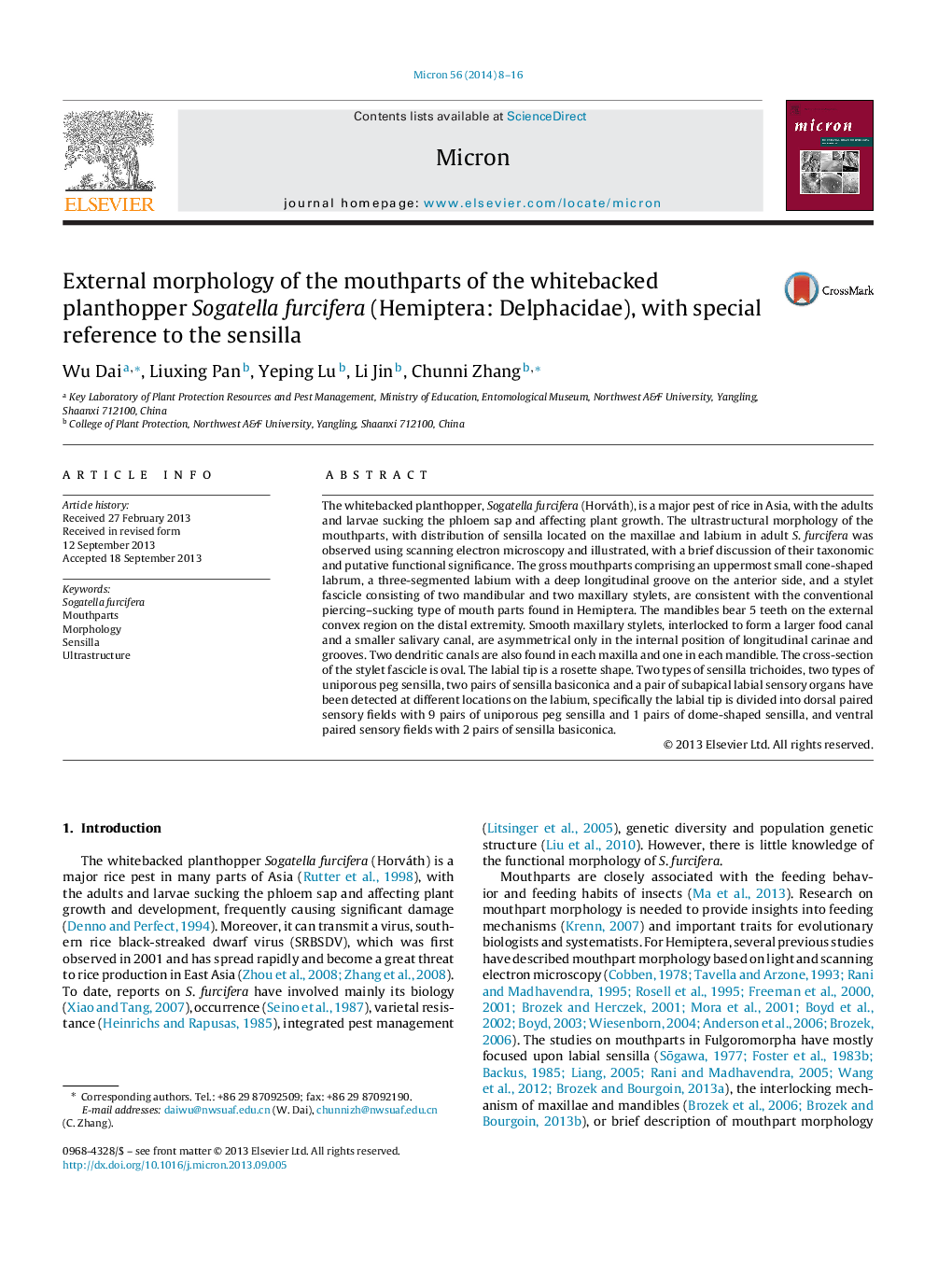 External morphology of the mouthparts of the whitebacked planthopper Sogatella furcifera (Hemiptera: Delphacidae), with special reference to the sensilla