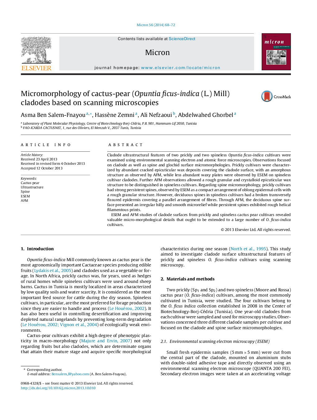 Micromorphology of cactus-pear (Opuntia ficus-indica (L.) Mill) cladodes based on scanning microscopies