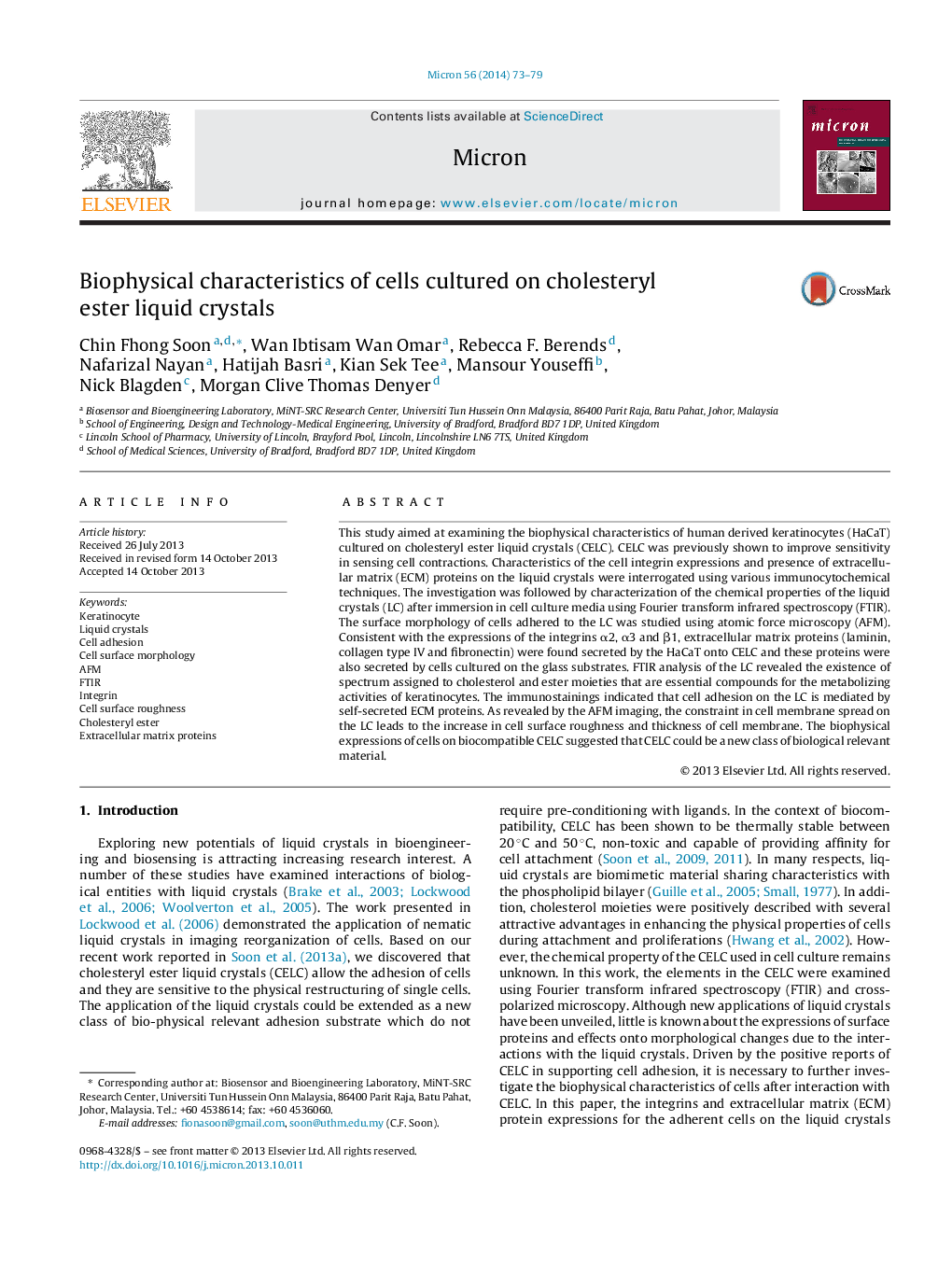 Biophysical characteristics of cells cultured on cholesteryl ester liquid crystals