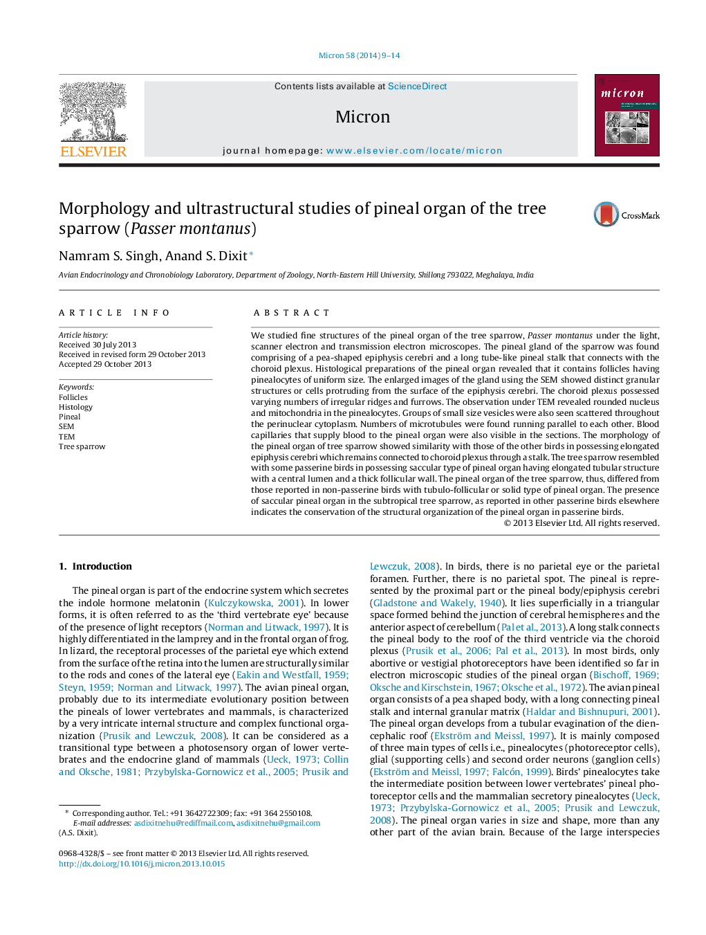 Morphology and ultrastructural studies of pineal organ of the tree sparrow (Passer montanus)