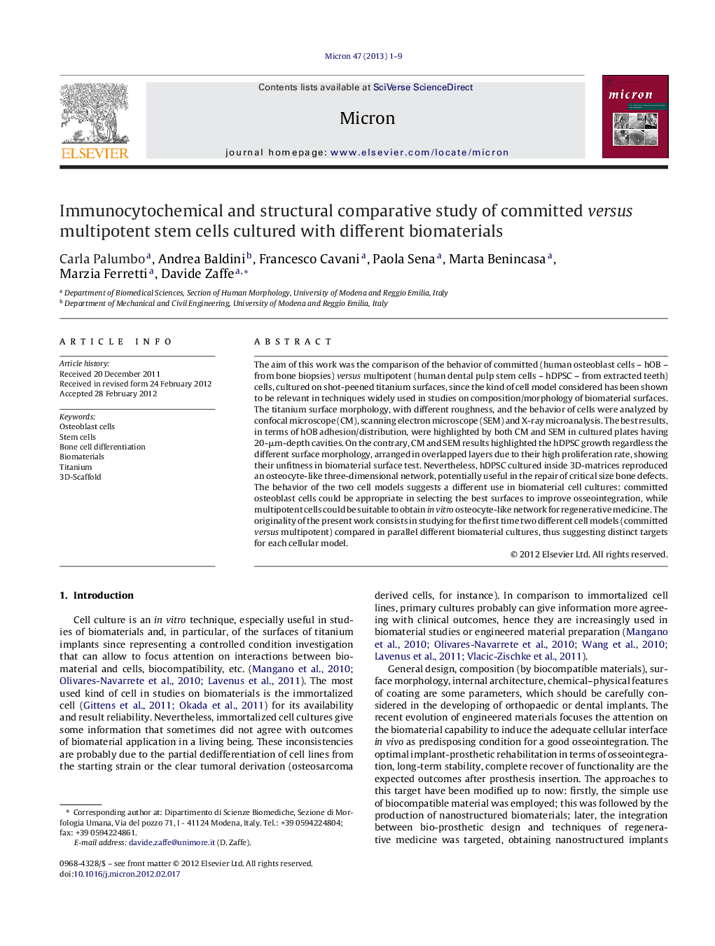 Immunocytochemical and structural comparative study of committed versus multipotent stem cells cultured with different biomaterials