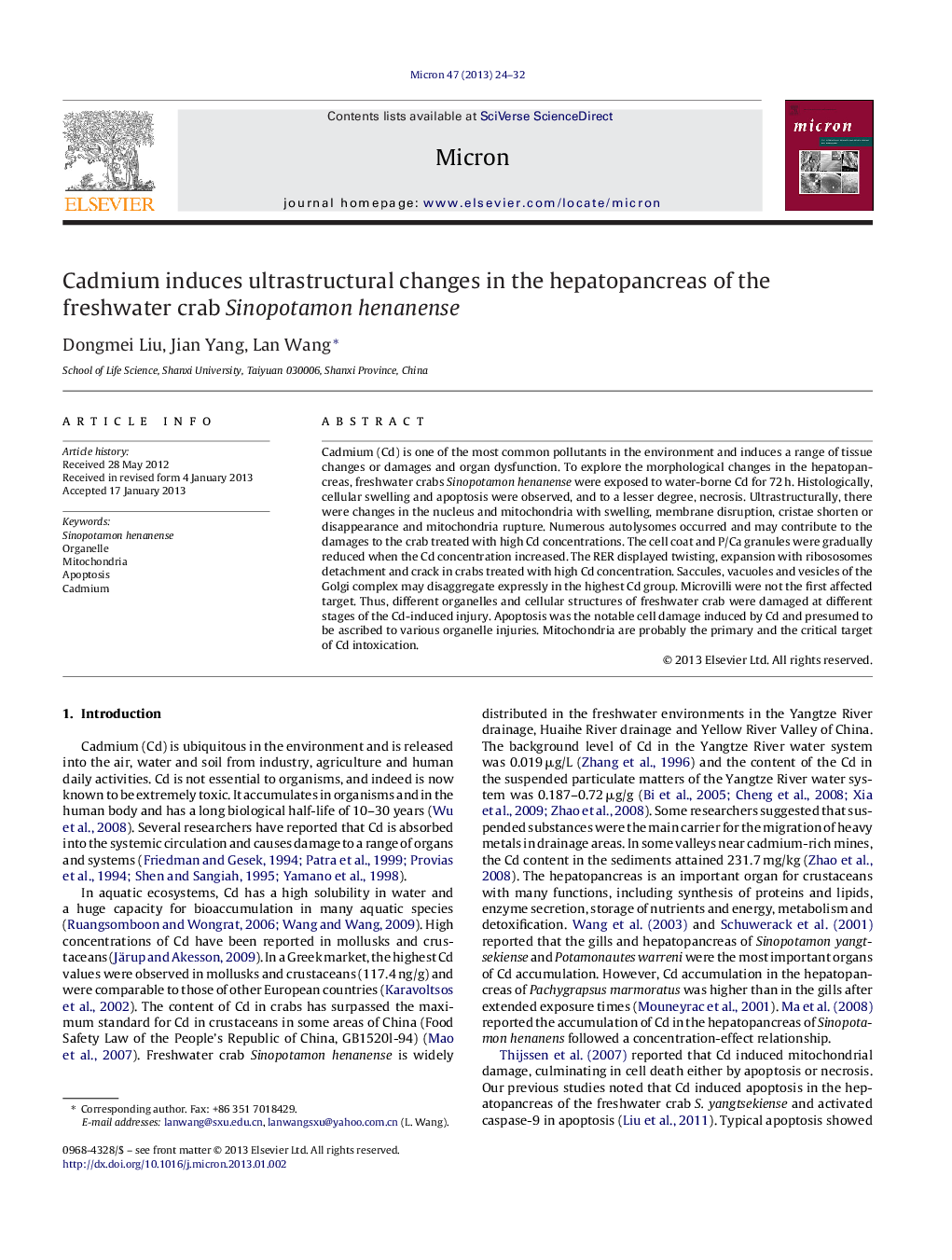 Cadmium induces ultrastructural changes in the hepatopancreas of the freshwater crab Sinopotamon henanense