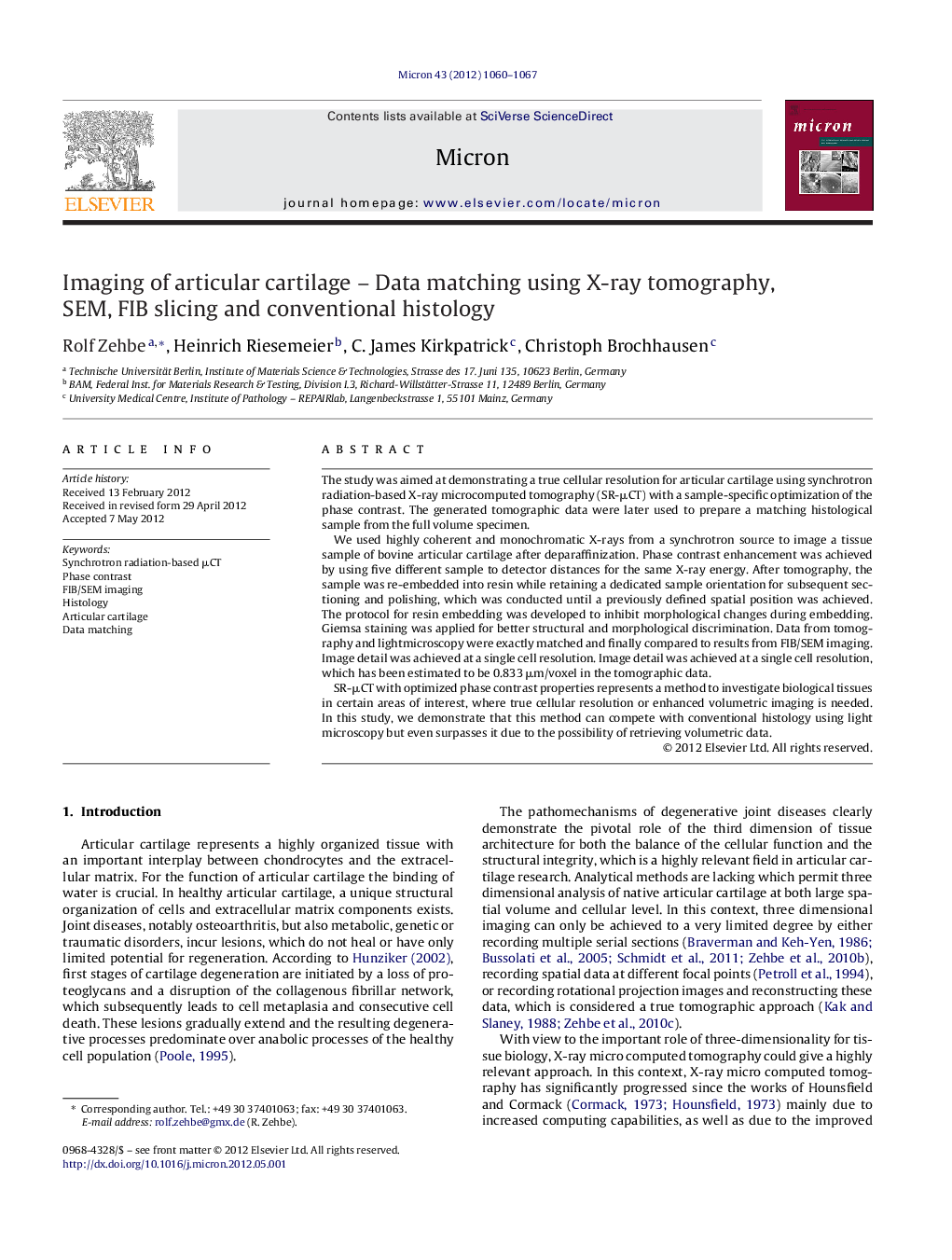 Imaging of articular cartilage - Data matching using X-ray tomography, SEM, FIB slicing and conventional histology