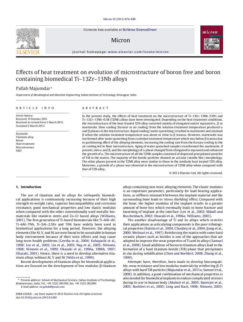 Effects of heat treatment on evolution of microstructure of boron free and boron containing biomedical Ti–13Zr–13Nb alloys