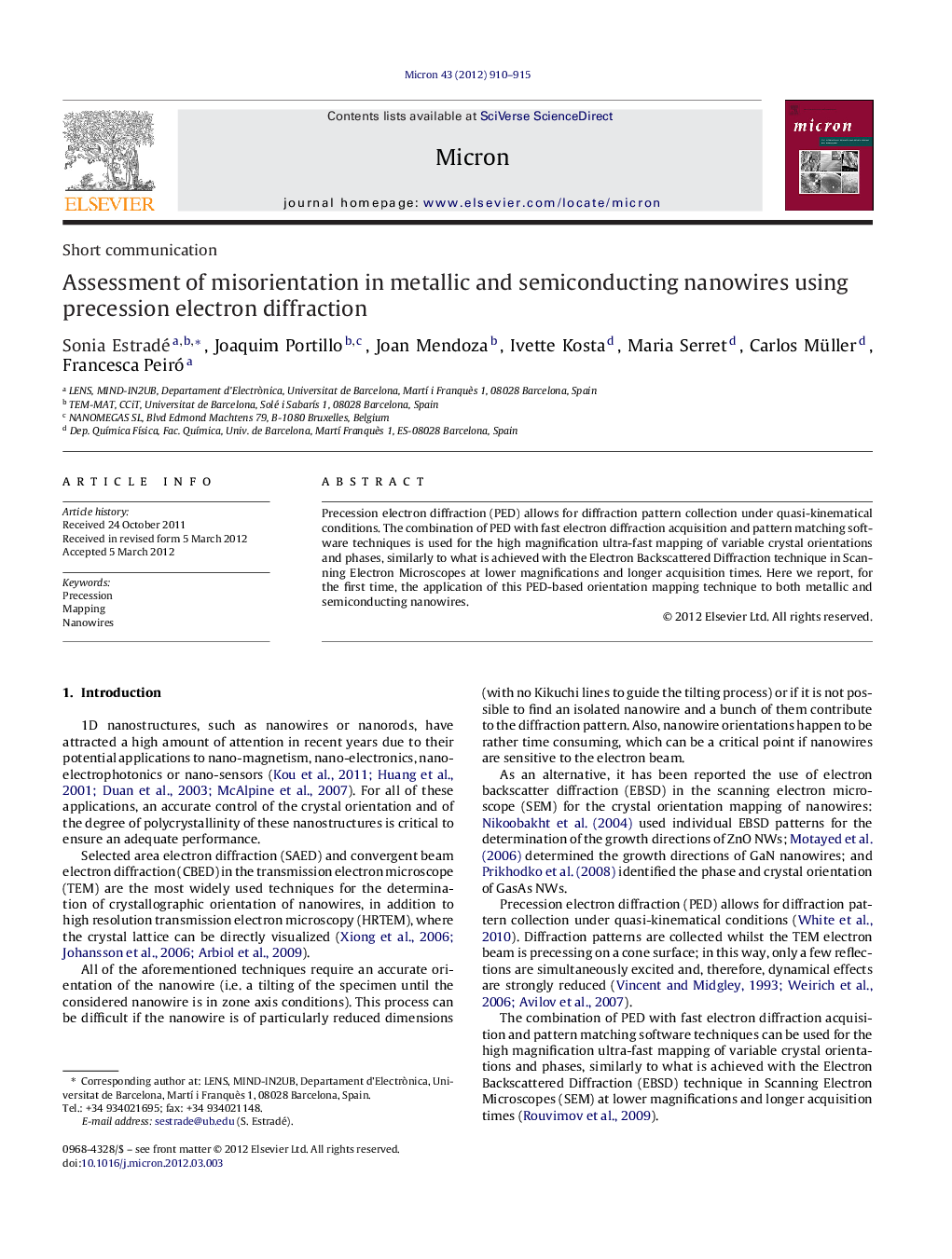 عکس صفحه اول مقاله: Assessment of misorientation in metallic and semiconducting nanowires using precession electron diffraction Assessment of misorientation in metallic and semiconducting nanowires using precession electron diffraction