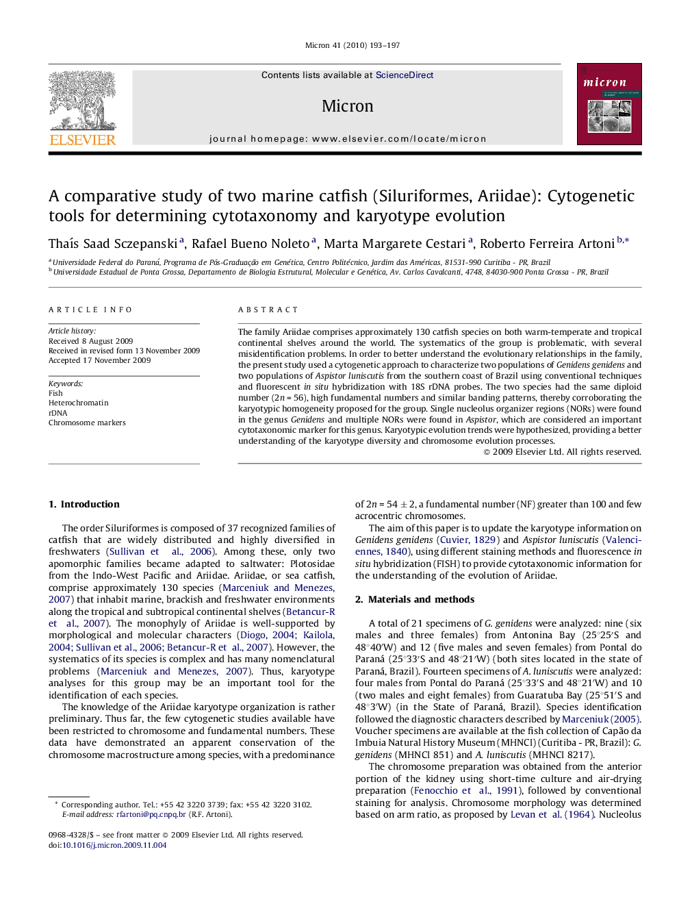 A comparative study of two marine catfish (Siluriformes, Ariidae): Cytogenetic tools for determining cytotaxonomy and karyotype evolution