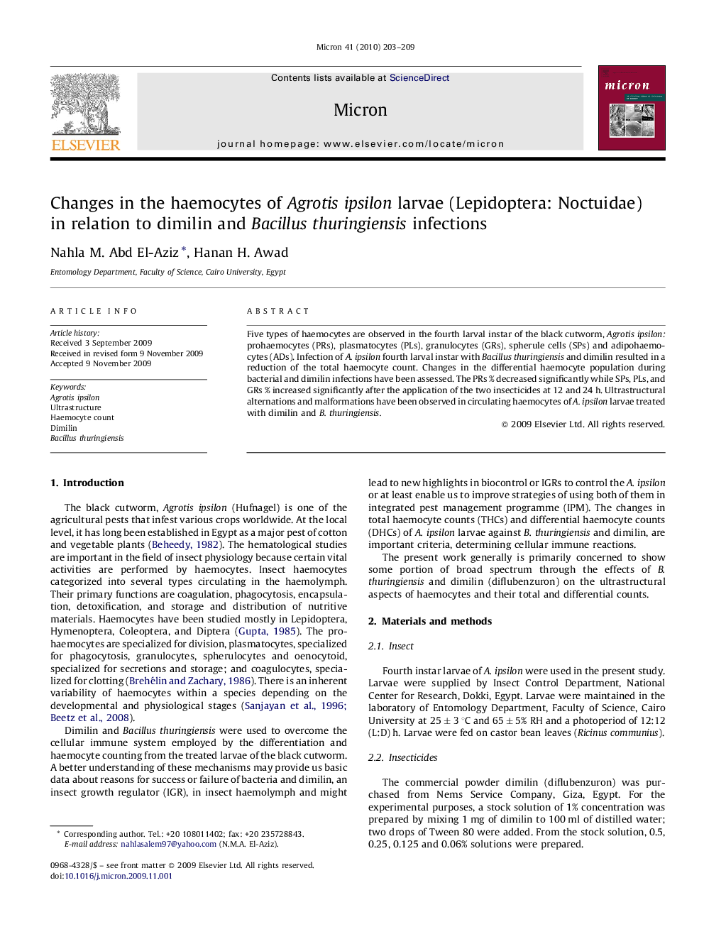 Changes in the haemocytes of Agrotis ipsilon larvae (Lepidoptera: Noctuidae) in relation to dimilin and Bacillus thuringiensis infections