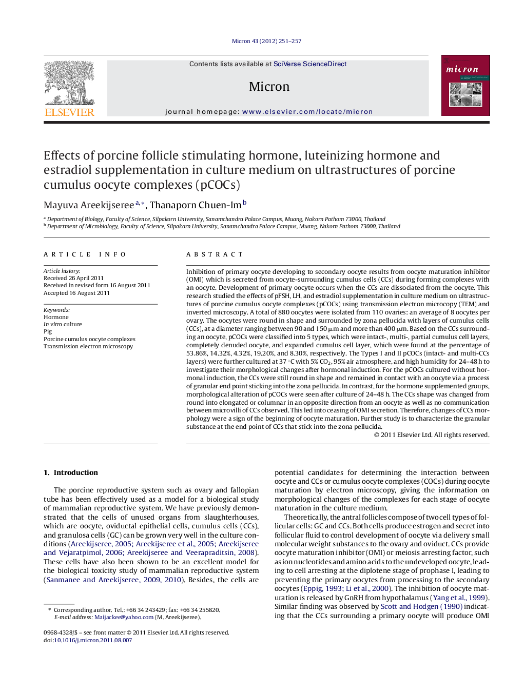 Effects of porcine follicle stimulating hormone, luteinizing hormone and estradiol supplementation in culture medium on ultrastructures of porcine cumulus oocyte complexes (pCOCs)