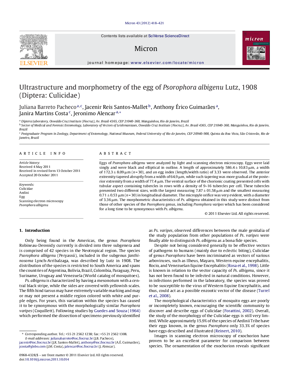 Ultrastructure and morphometry of the egg of Psorophora albigenu Lutz, 1908 (Diptera: Culicidae)