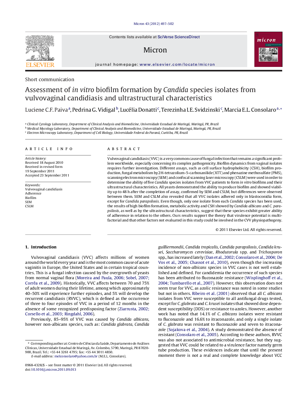 Assessment of in vitro biofilm formation by Candida species isolates from vulvovaginal candidiasis and ultrastructural characteristics