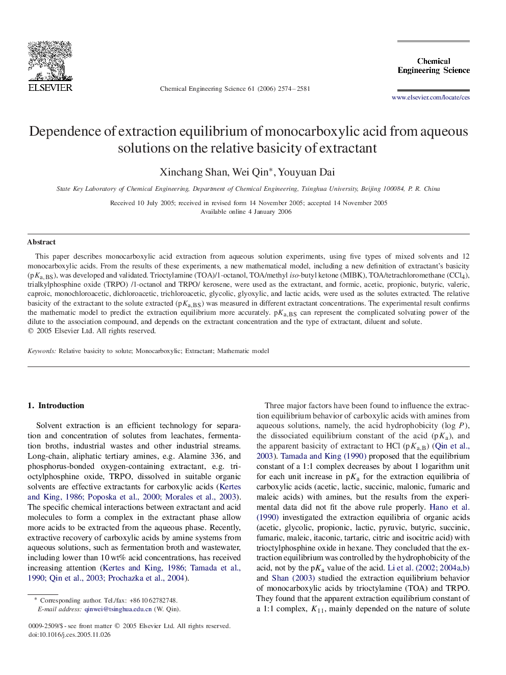 Dependence of extraction equilibrium of monocarboxylic acid from aqueous solutions on the relative basicity of extractant