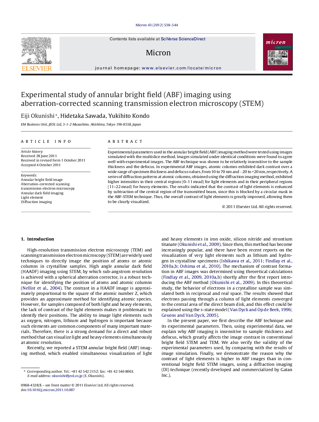 Experimental study of annular bright field (ABF) imaging using aberration-corrected scanning transmission electron microscopy (STEM)