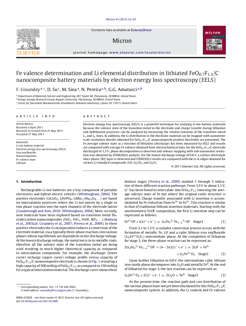 Fe valence determination and Li elemental distribution in lithiated FeO0.7F1.3/C nanocomposite battery materials by electron energy loss spectroscopy (EELS)